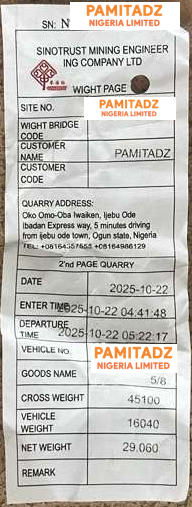 Quarry ticket for 5/8-inch granite: gross 45,100 kg, vehicle 16,040 kg, net 29,060 kg