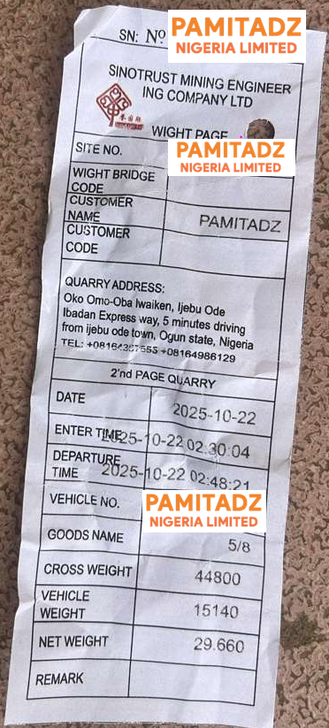Quarry ticket for 5/8-inch granite: gross 44,800 kg, vehicle 15,140 kg, net 29,660 kg