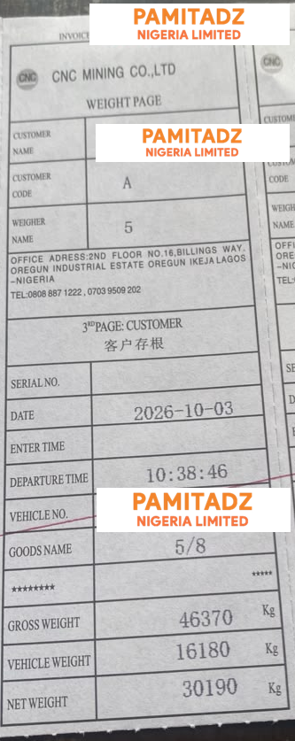 Quarry ticket for 5/8-inch granite: gross 46,370 kg, vehicle 16,180 kg, net 30,190 kg