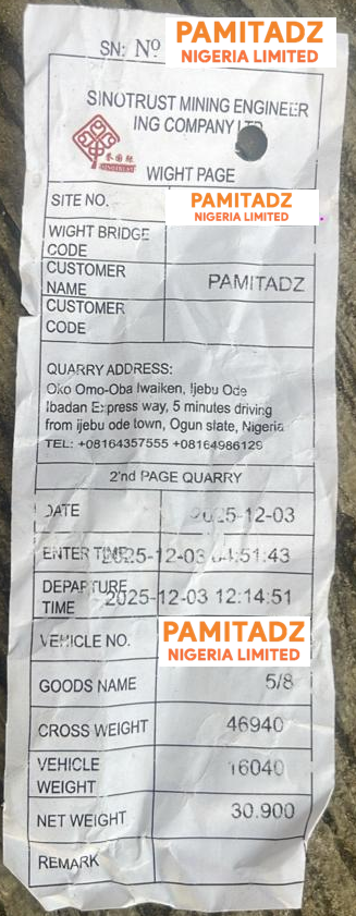 Quarry ticket for 5/8-inch granite: gross 46,940 kg, vehicle 16,040 kg, net 30,900 kg