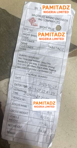 Quarry ticket for 5/8-inch granite: gross 52,000 kg, vehicle 17,140 kg, net 34,860 kg