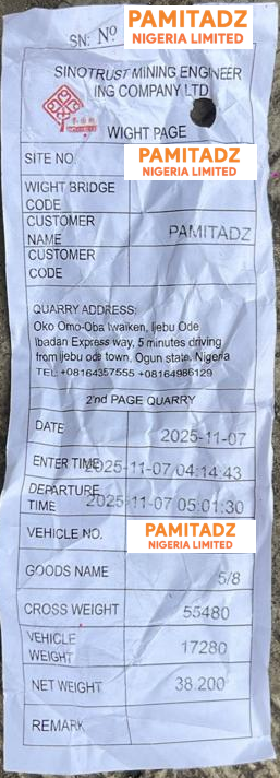 Quarry ticket for 5/8-inch granite: gross 55,480 kg, vehicle 17,280 kg, net 38,200 kg